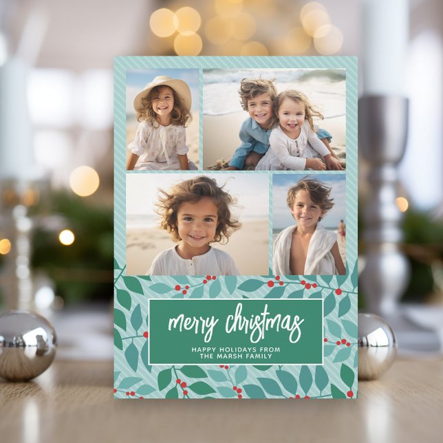 4 Photo Collage - Merry Christmas Botanical Pastel Holiday Card (Modern Christmas Photo Greeting Card)
