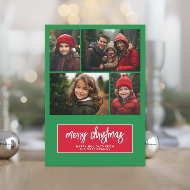 4 Photo Collage - Merry Christmas Botanical Red Holiday Card (Photo Christmas Card)