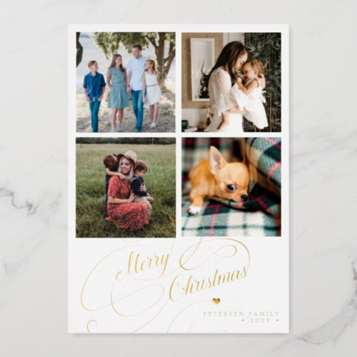 4 photo collage Merry Christmas elegant script Foil Holiday Card