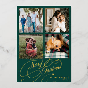 4 photo collage Merry Christmas elegant script Foil Holiday Card