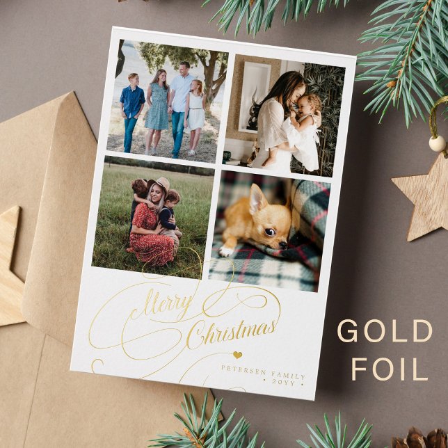 4 photo collage Merry Christmas elegant script Foil Holiday Card (Creator Uploaded)