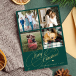 4 photo collage Merry Christmas elegant script red Holiday Card<br><div class="desc">Elegant stylish Merry Christmas faux gold classic calligraphy script four square family photos simple pine green holiday card with your custom personalized text on both sides. PLEASE NOTE that the background color is editable. You can change it after selecting CUSTOMIZE option down below the PERSONALIZE IT menu. If you don't...</div>