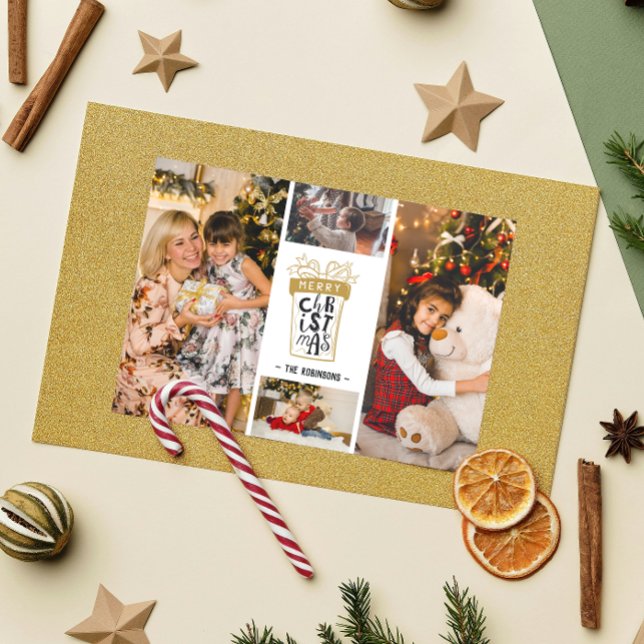 4 Photo Collage Merry Christmas Gift Custom Name Holiday Card (Creator Uploaded)