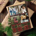 4 photo collage Merry Christmas script plaid Holiday Card<br><div class="desc">Elegant stylish Merry Christmas faux gold classic calligraphy script four square family photos rustic red green plaid tartan holiday card with your custom personalized text on both sides.</div>