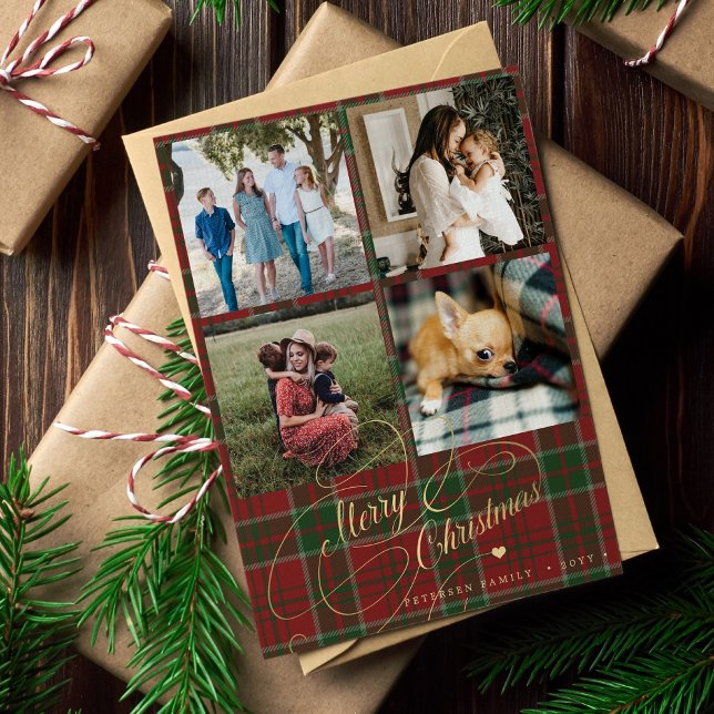 4 photo collage Merry Christmas script plaid Holiday Card (Creator Uploaded)