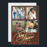 4 photo collage Merry Christmas script red tartan Holiday Card<br><div class="desc">Elegant stylish Merry Christmas faux gold classic calligraphy script four square family photos rustic red green plaid tartan holiday card with your custom personalized text on both sides.</div>