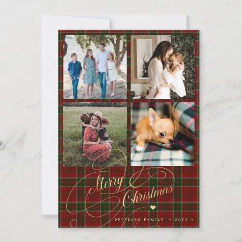 4 photo collage Merry Christmas script red tartan Holiday Card