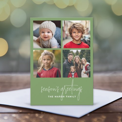 4 Photo Collage Minimal Christmas green season Holiday Card