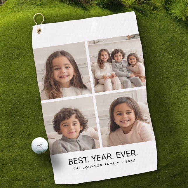 4 Photo Collage Minimalist - Best Year Ever Golf Towel (Personalized Golf Towel with Photos and Text)