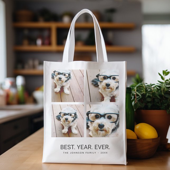 4 Photo Collage Minimalist - Best Year Ever Grocery Bag (Personalized grocery tote with photo collage and custom text)