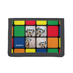 4 photo collage modern cube red blue green yellow trifold wallet