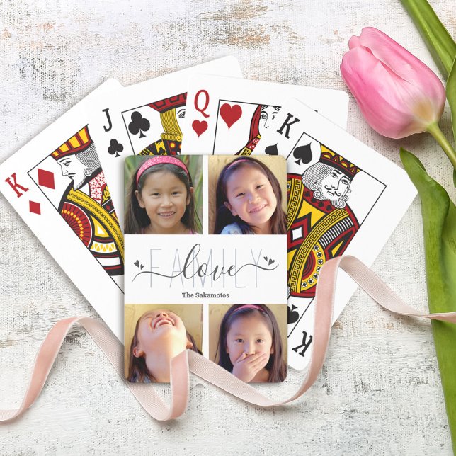 4 Photo Collage Modern Family Love Script Hearts Poker Cards (Creator Uploaded)