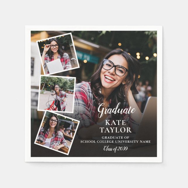 4 Photo Collage Modern Graduation Party Napkins (Front)