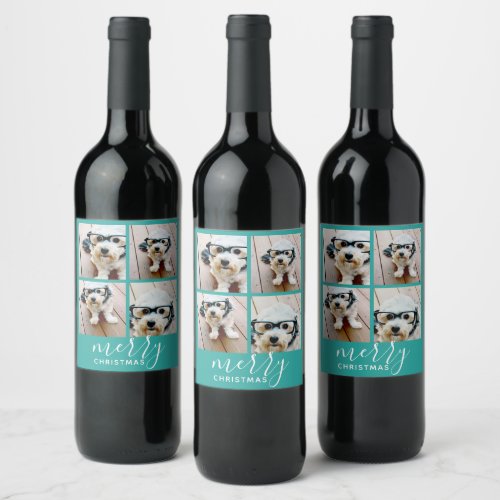 4 Photo Collage _ Modern Merry Christmas aqua Wine Label