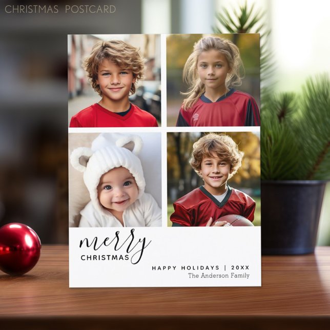 4 Photo Collage - Modern Merry Christmas black Holiday Postcard (Christmas Postcard with 4 photos)