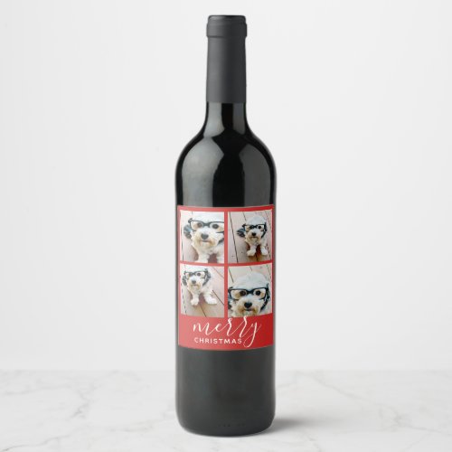 4 Photo Collage _ Modern Merry Christmas red Wine Label