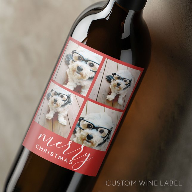 4 Photo Collage - Modern Merry Christmas red Wine Label (Custom Wine Bottle Label - Personalize a Sticker for a fun gift or memento)
