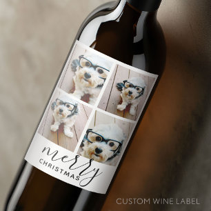 4 Photo Collage - Modern Merry Christmas white Wine Label
