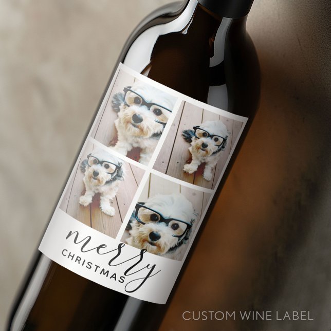 4 Photo Collage - Modern Merry Christmas white Wine Label (Custom Wine Bottle Label - Personalize a Sticker for a fun gift or memento)