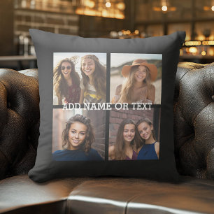 4 Photo Collage Modern Minimal Square - Black Throw Pillow