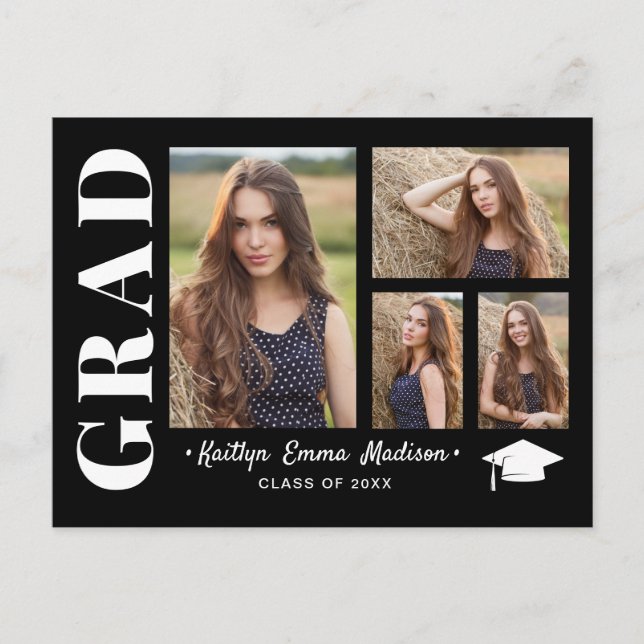 4 Photo Collage Modern Script Black & White Grad Postcard (Front)