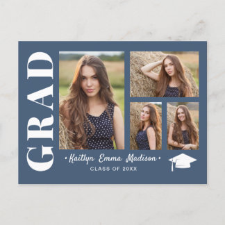 4 Photo Collage Modern Script Dusty Blue Grad Postcard