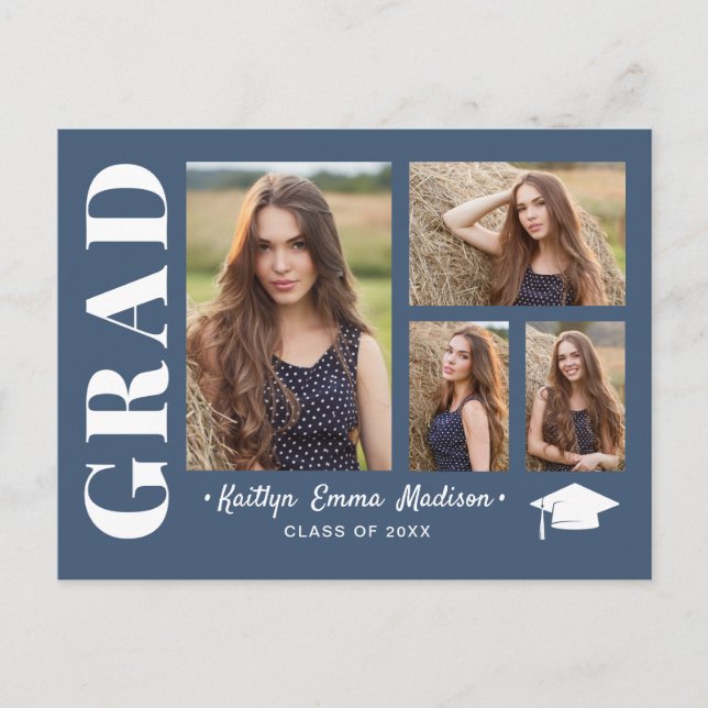 4 Photo Collage Modern Script Dusty Blue Grad Postcard (Front)