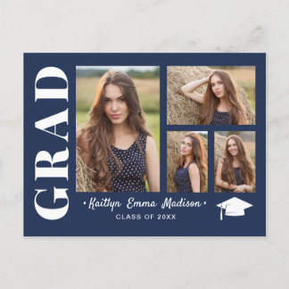 4 Photo Collage Modern Script Navy Blue Grad Postcard