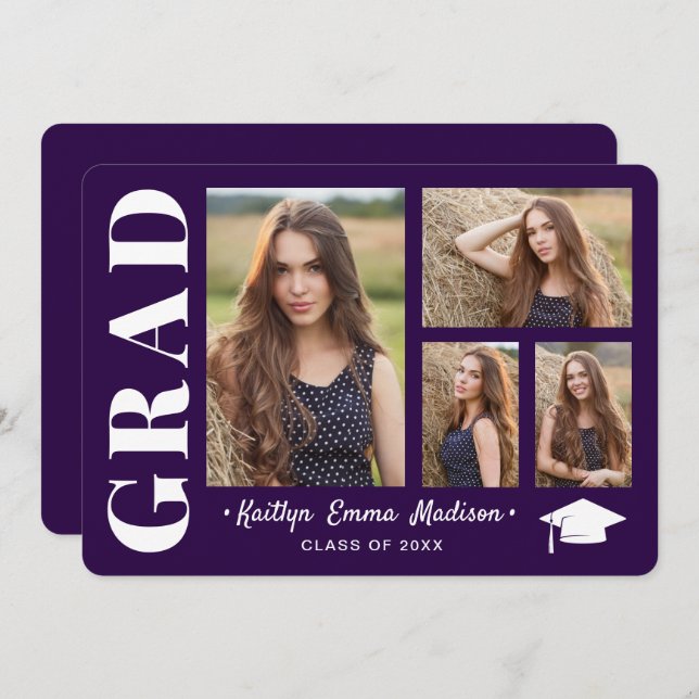 4 Photo Collage Modern Script Purple Grad Announcement (Front/Back)
