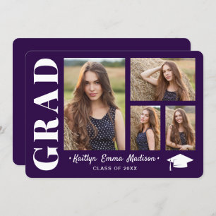 4 Photo Collage Modern Script Purple Grad Announcement