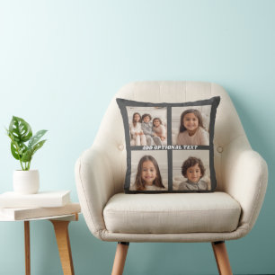 4 Photo Collage Modern Square Layout Grey Throw Pillow