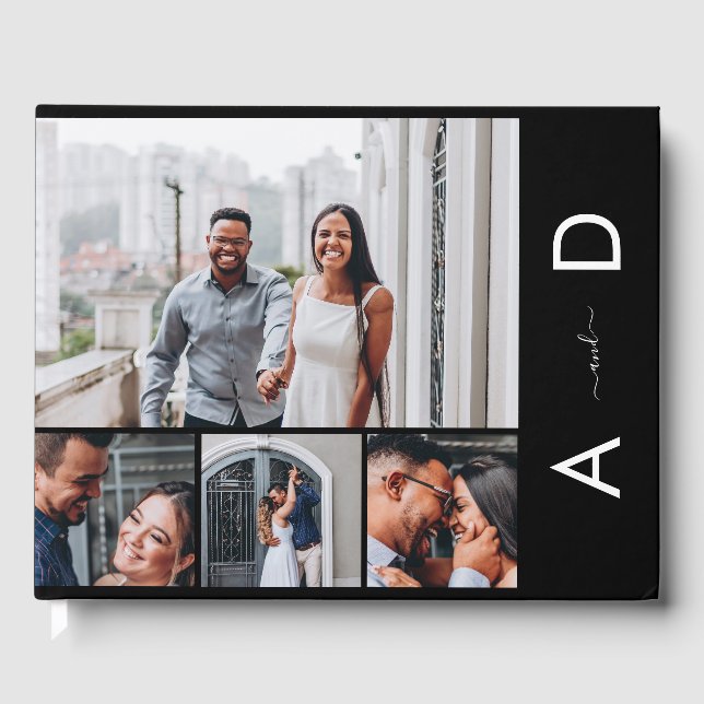 4 Photo Collage & Monogram Elegant Black Wedding Guest Book (Front)