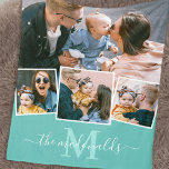 4 Photo Collage Monogram Name Teal Fleece Blanket<br><div class="desc">Modern family fleece blanket featuring a trendy teal background that can be changed to any color,  a 4 photo collage,  your initial,  and family name in a elegant script font.</div>