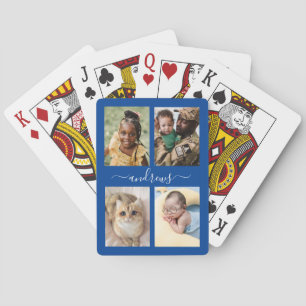 4 photo collage Navy Blue And White Personalized  Poker Cards