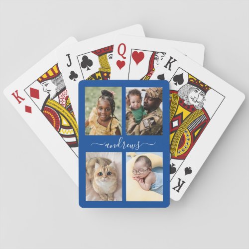 4 photo collage Navy Blue And White Personalized  Poker Cards