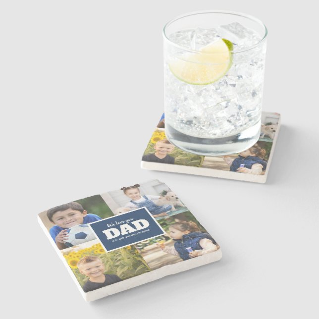 4 Photo Collage Navy Blue Father We Love You Dad  Stone Coaster (Side)