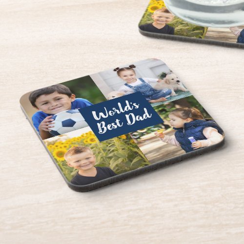 4 Photo Collage Navy Blue Father Worlds Best Dad Beverage Coaster