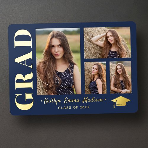 4 Photo Collage Navy Blue  Gold Foil Grad Card