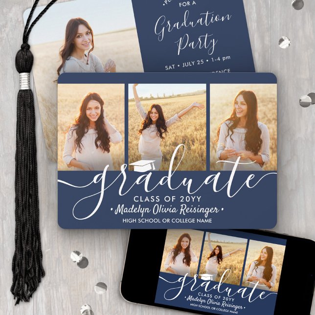 4 Photo Collage Navy Blue & White Graduation Party Invitation (Creator Uploaded)