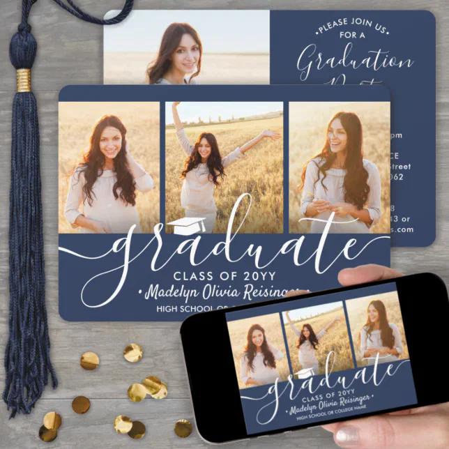 4 Photo Collage Navy Blue & White Graduation Party Invitation | Zazzle