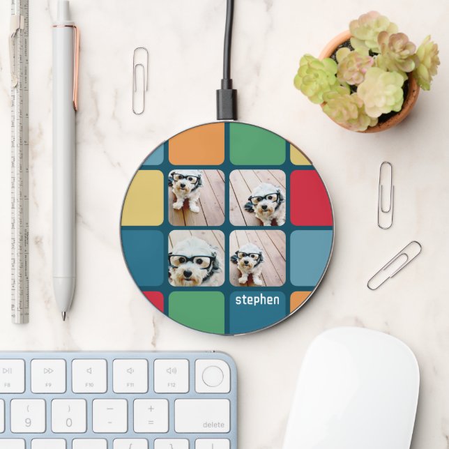 4 Photo Collage - New Primary Rounded Squares Name Wireless Charger (Desk)