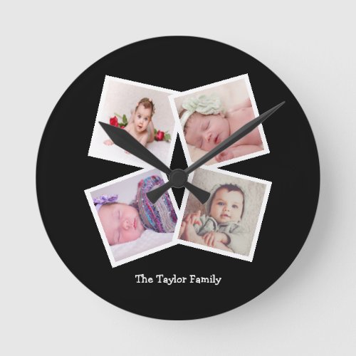 4 Photo Collage Personalized Round Clock