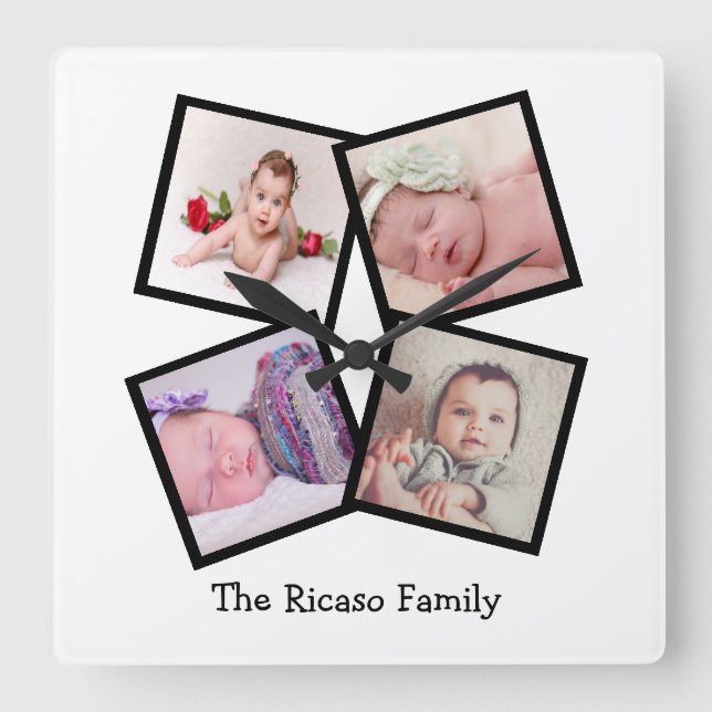 4 Photo Collage Personalized Square Wall Clock (Front)