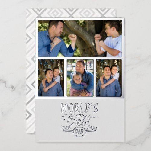 4 Photo Collage Photos Worlds Best Dad Silver Foil Holiday Card