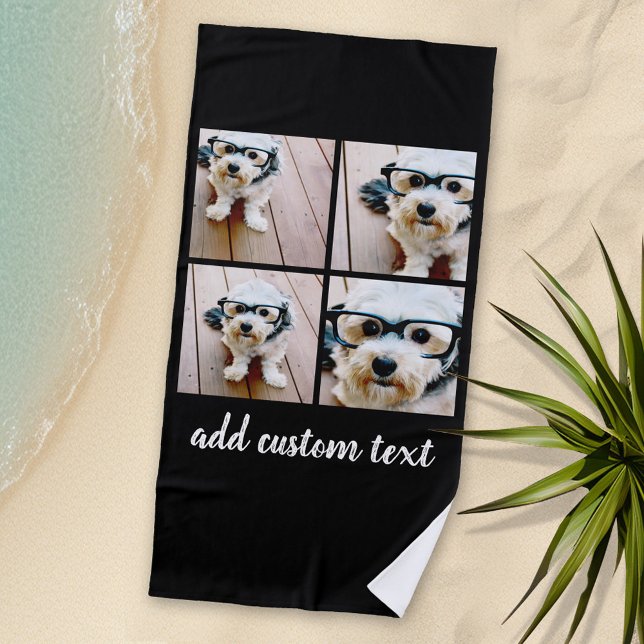 4 Photo Collage - PICK YOUR BACKGROUND COLOR Beach Towel (Personalized Beach Towel - Photo Collage with area for monogram or text)
