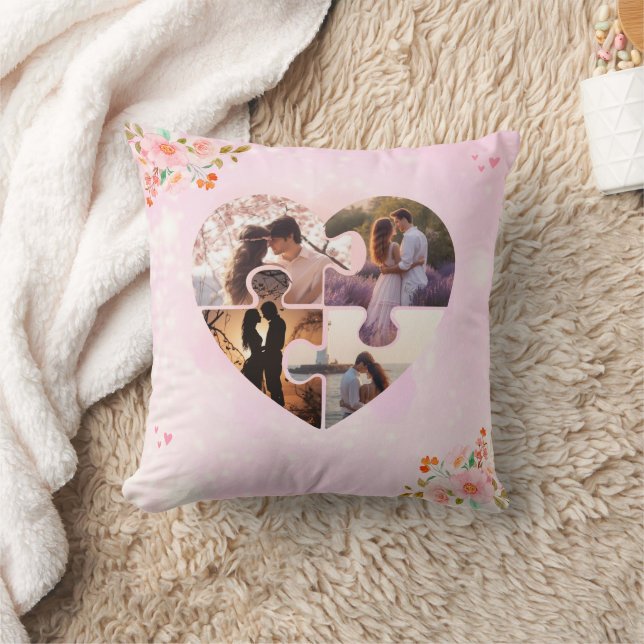 4 Photo Collage Pink Floral Puzzle Heart Custom Throw Pillow (Blanket)