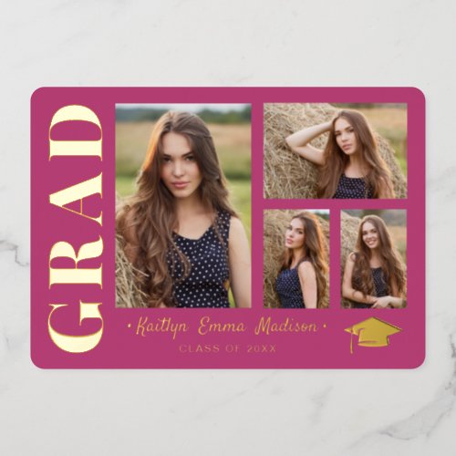 4 Photo Collage Pink  Gold Foil Grad Card