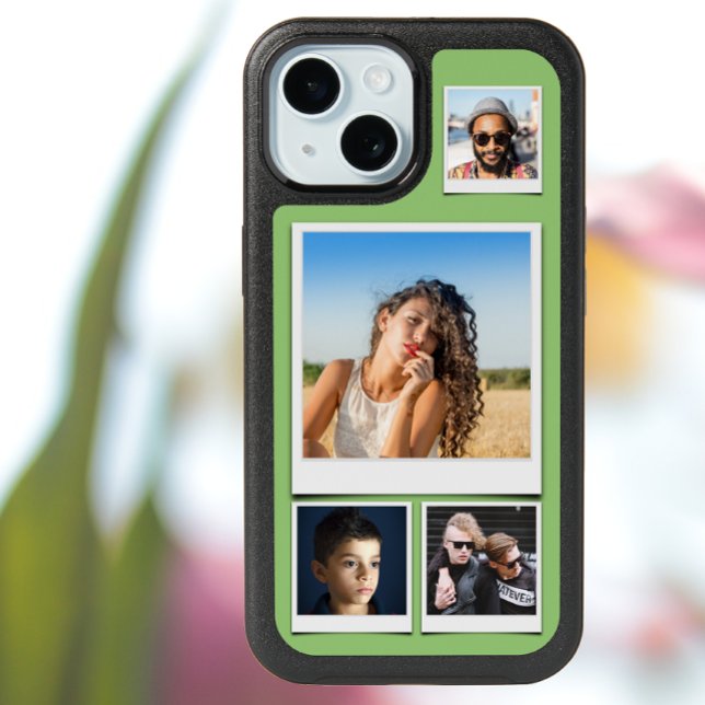 4 Photo Collage Pistachio Green Otterbox iPhone 15 Case (Otterbox iPhone case with pistachio green background and 4 of your favorite photos.)