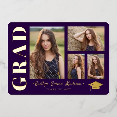 4 Photo Collage Purple  Gold Foil Grad Card