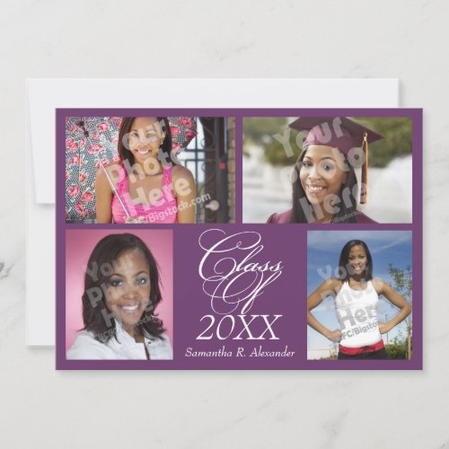 4-Photo Collage Purple Graduation Announcement 5" X 7" Invitation Card